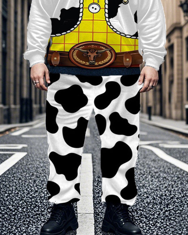 Men's Cartoon Western Cow Plus Size Hoodie Pant Two-piece Set