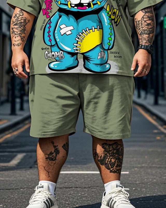 Wounded Bear Print Short Sleeve Shorts Plus Size Men's Suit