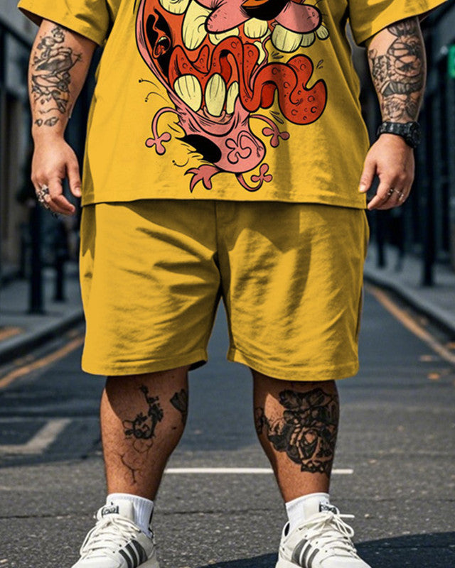 Cartoon Print Short Sleeve Shorts Plus Size Men's Suit