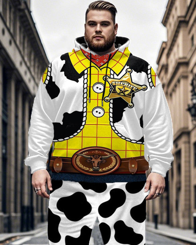 Men's Cartoon Western Cow Plus Size Hoodie Pant Two-piece Set