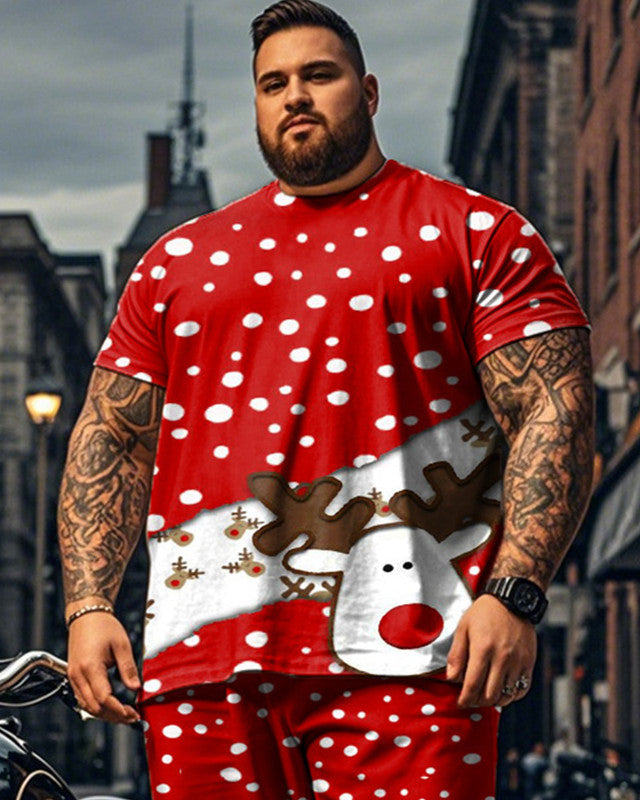 Christmas Cute Moose Polka Dot Short Sleeve Top and Pants Plus Size Suit