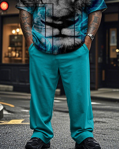 Cross Lion Print Short Sleeve Trousers Plus Size Men's Suit