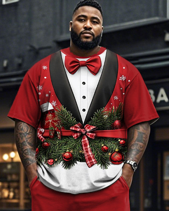 Christmas 3D Crew Neck Short Sleeve T-shirt and Pants Plus Size Suit