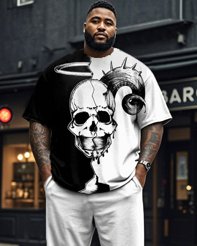 Dark Color Skeleton Print Plus Size Short-sleeved T-shirt Set