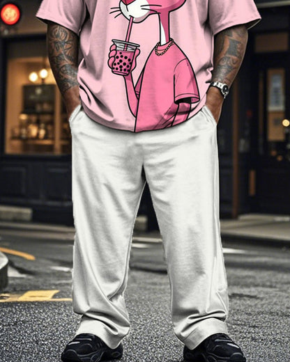 Leopard Print Pink Short Sleeve Trousers Plus Size Men's Suit