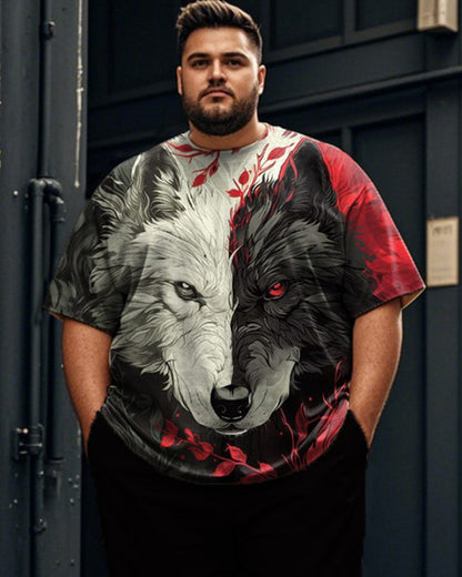 Wolf Head Contrasting Print Short-sleeved T-shirt and Trousers Plus Size Men's Suit