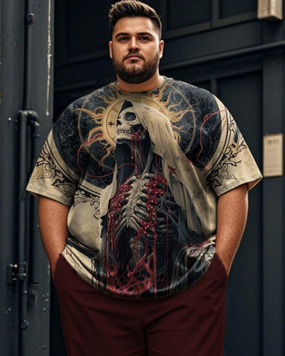 Retro Skull Print Short-sleeved T-shirt and Trousers Plus Size Men's Suit