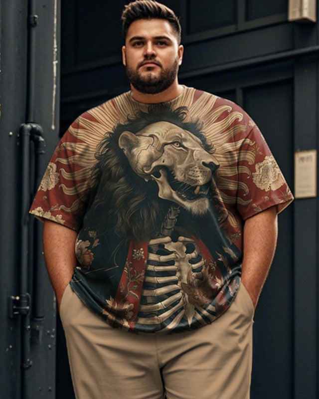 Retro Lion Print Short-sleeved T-shirt and Trousers Plus Size Men's Suit