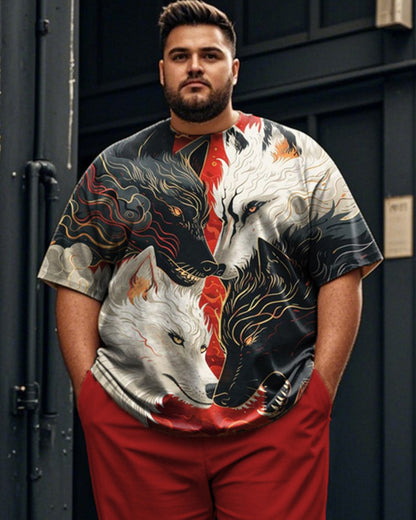 Colorblock Wolf Head Print Short-sleeved T-shirt and Trousers Plus Size Men's Suit