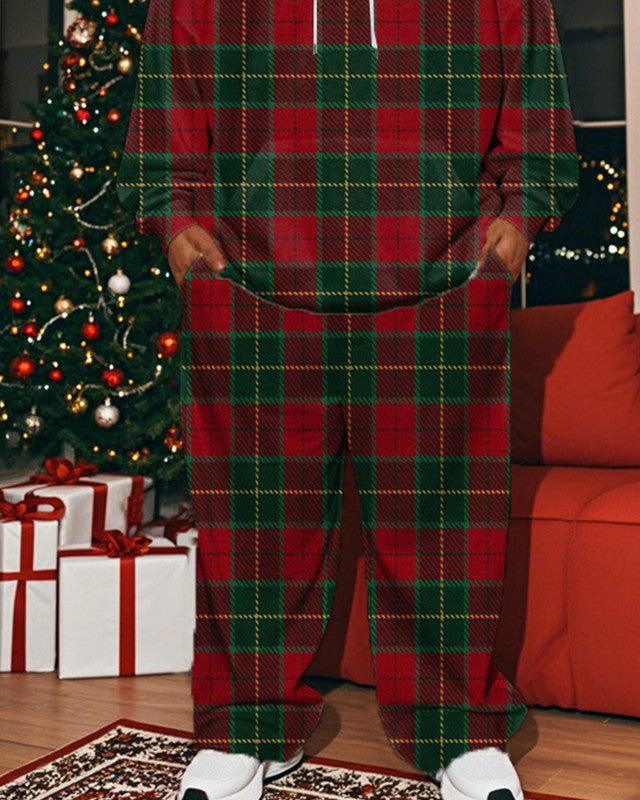 Christmas Plaid Print Hooded Sweatshirt and Trousers Plus Size Men's Suit