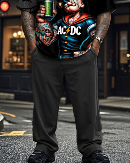 Dark Popeye Print Plus-size Men's Suit with Short Sleeves and Trousers