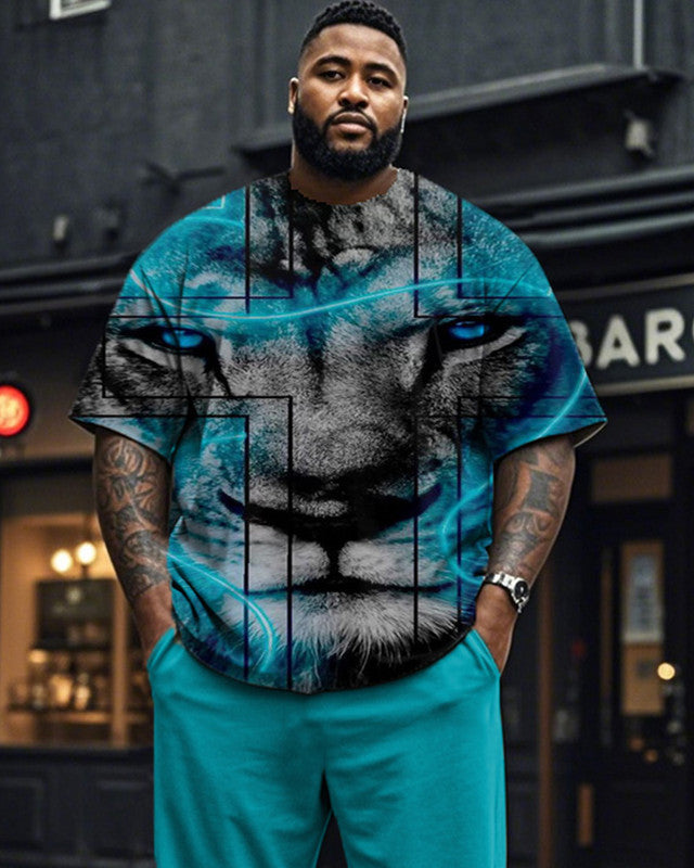 Cross Lion Print Short Sleeve Trousers Plus Size Men's Suit