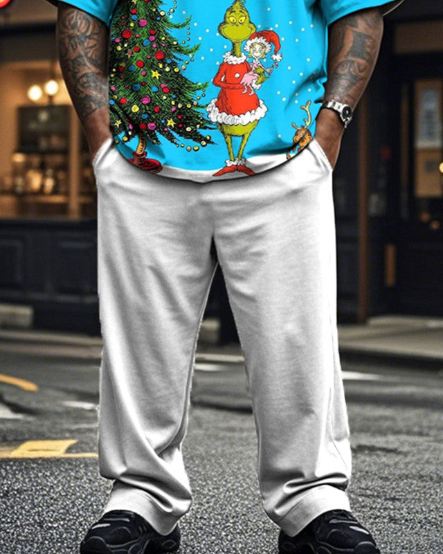 Christmas Cartoon Print Short Sleeve Top and Trousers Plus Size Suit