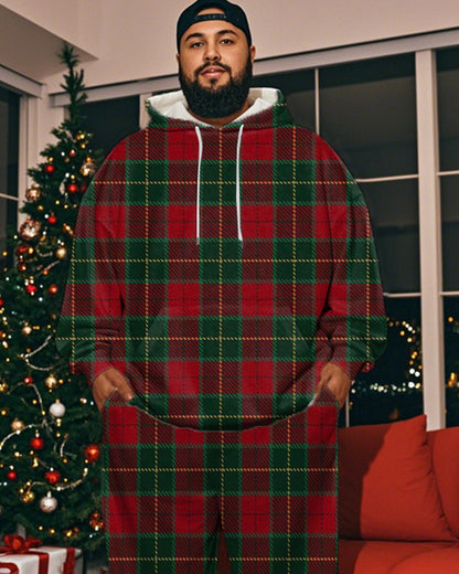 Christmas Plaid Print Hooded Sweatshirt and Trousers Plus Size Men's Suit