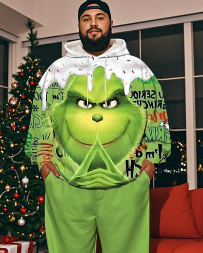 Christmas Monster Print Hooded Sweatshirt Trousers Large Size Men's Suit