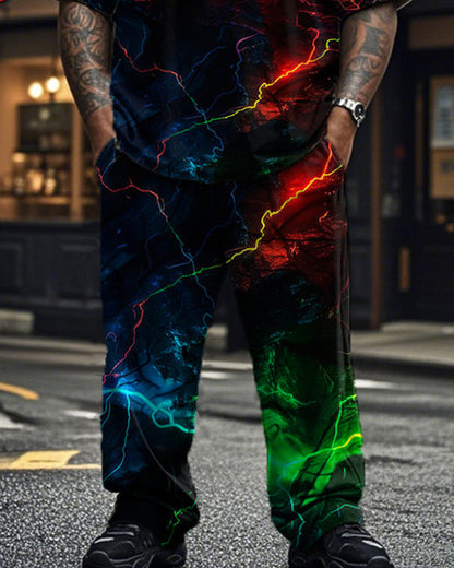 Colored Lightning Large Size Men's Short Sleeve T-shirt and Trousers Set