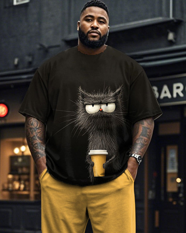 Cute Cat Short Sleeve Pants Plus Size Men's Suit