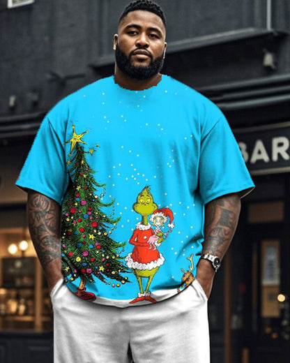 Christmas Cartoon Print Short Sleeve Top and Trousers Plus Size Suit