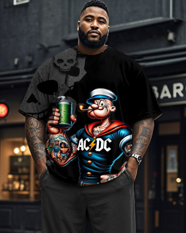 Dark Popeye Print Plus-size Men's Suit with Short Sleeves and Trousers