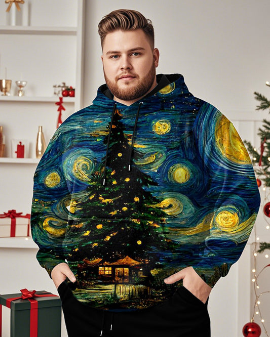 Christmas Tree Van Gogh Print Personality Hooded Large Size Men's Hoodie