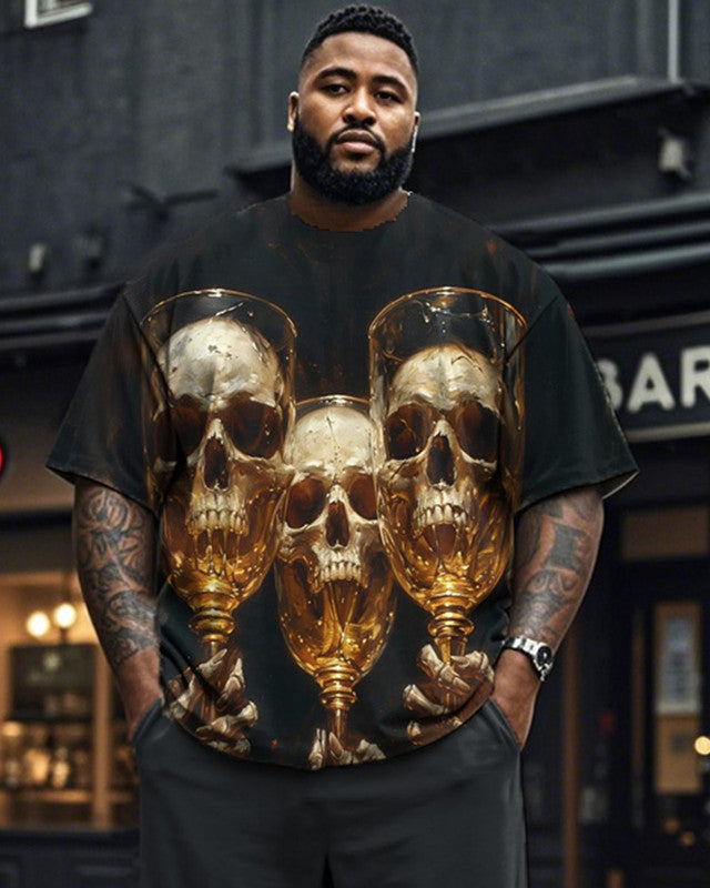 Skull Wine Glass Large Size Men's Short Sleeve T-Shirt and Pants Set