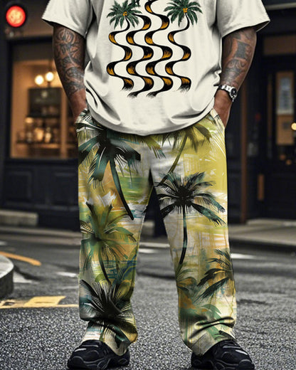 Coconut Tree Vacation Short Sleeve T-shirt and Pants Plus Size Suit