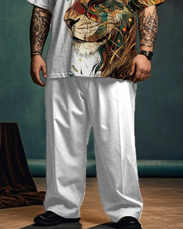 Retro Lion Print Short-sleeved T-shirt and Trousers Plus Size Men's Suit