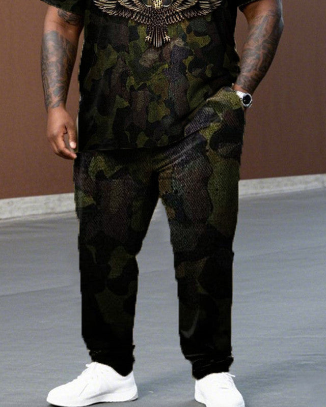 Camouflage Printed Large Size Short Sleeve T-shirt and Trousers Men's Suit