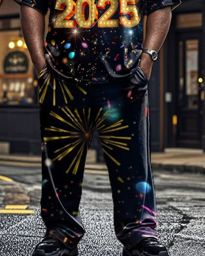 2025 Fireworks Print Short Sleeve Shirt Trousers Large Size Men's Suit