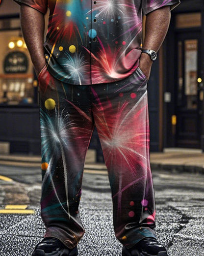 Oil Painting Fireworks Print Short-sleeved Shirt and Trousers Plus Size Men's Suit