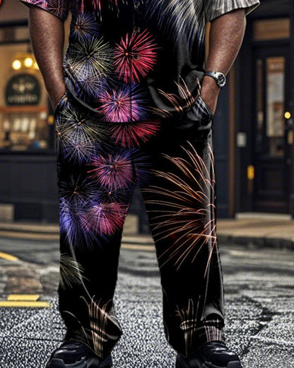 Colorful Fireworks Print Short-sleeved Shirt and Trousers Plus Size Men's Suit