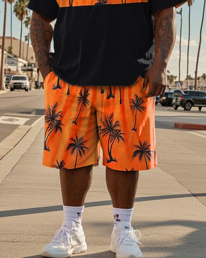 Holiday Style Color Matching Coconut Tree Short-sleeved T-shirt Shorts Large Size Men's Suit