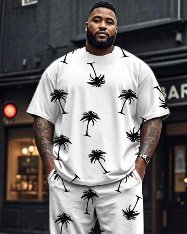 Coconut Tree Color Matching Vacation Short Sleeve T-shirt and Pants Plus Size Suit