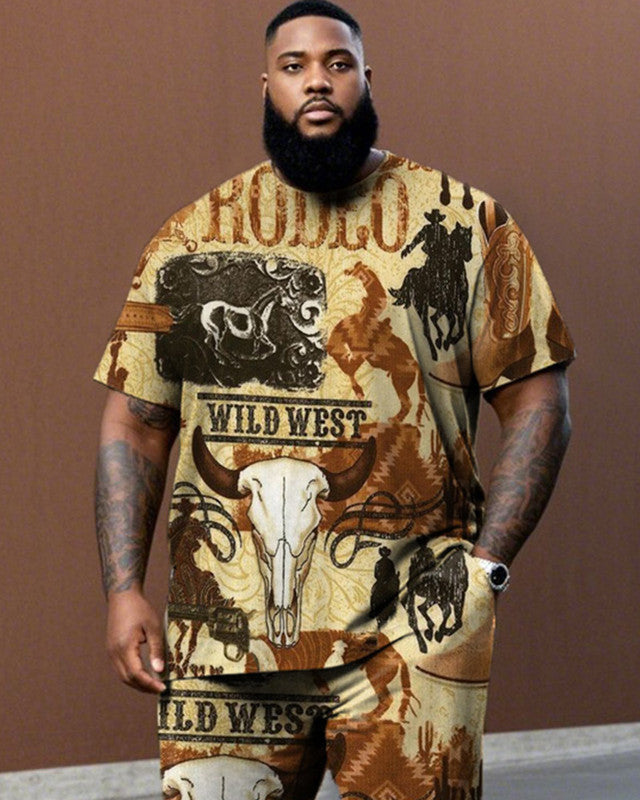 Western Bull Head Printed Large Size Short Sleeve T-shirt and Trousers Men's Suit