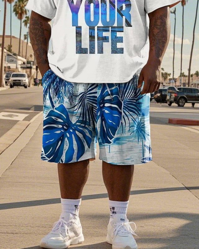 Vacation Style Letter Short-sleeved T-shirt Shorts Large Size Men's Suit