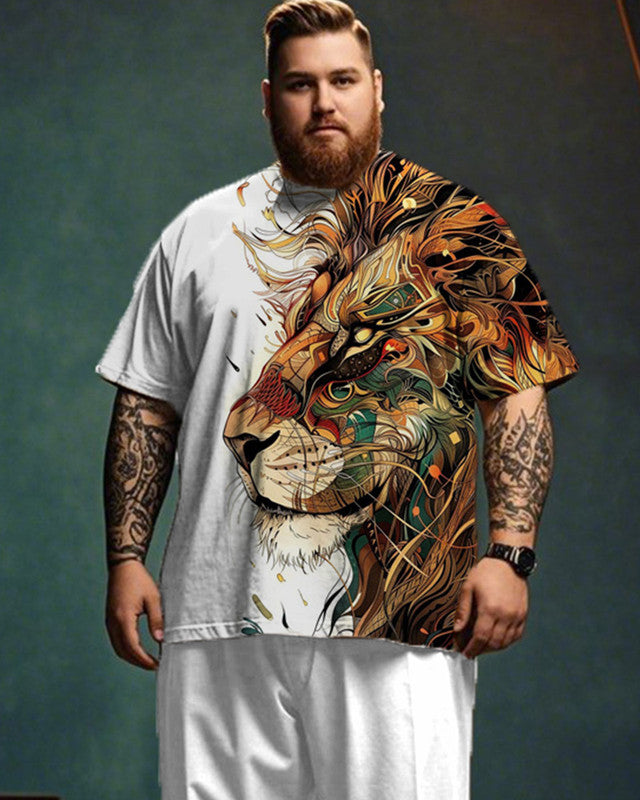 Retro Lion Print Short-sleeved T-shirt and Trousers Plus Size Men's Suit