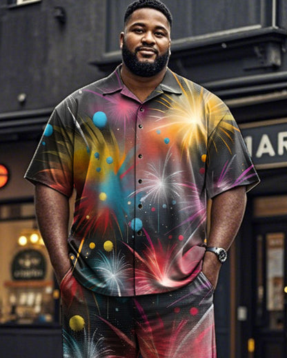 Oil Painting Fireworks Print Short-sleeved Shirt and Trousers Plus Size Men's Suit