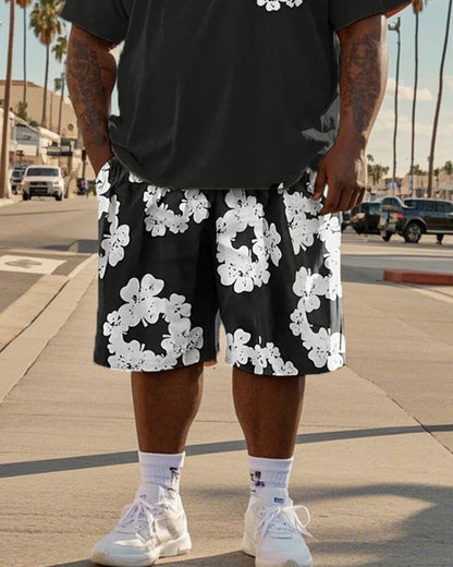 Colorblock Large Flower Short Sleeve T-shirt Shorts Large Size Men's Suit