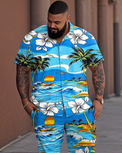 Coconut Tree Vacation Short Sleeve Shirt Pants Plus Size Suit