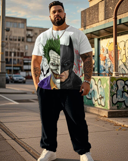 Dark Color Matching Comic Print Large Size Short-Sleeved T-Shirt And Trousers Men's Two-Piece Set