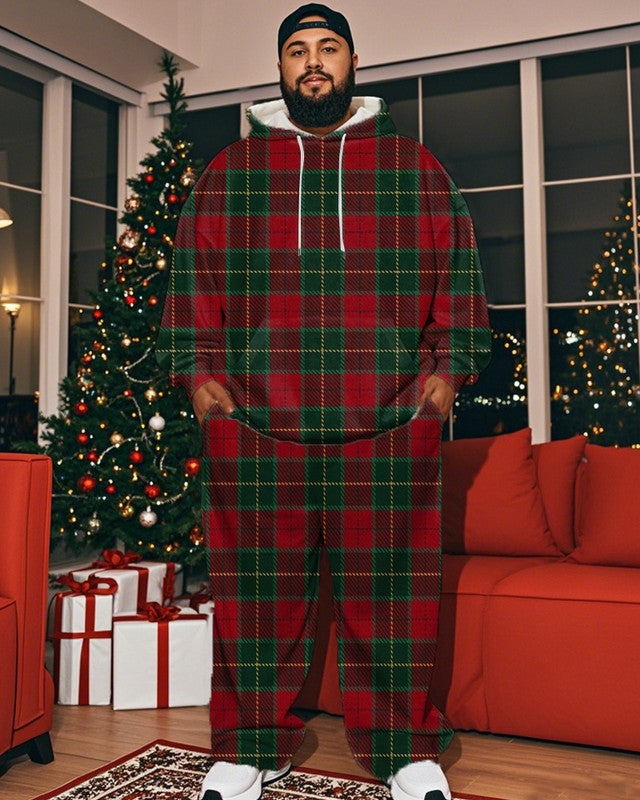 Christmas Plaid Print Hooded Sweatshirt and Trousers Plus Size Men's Suit