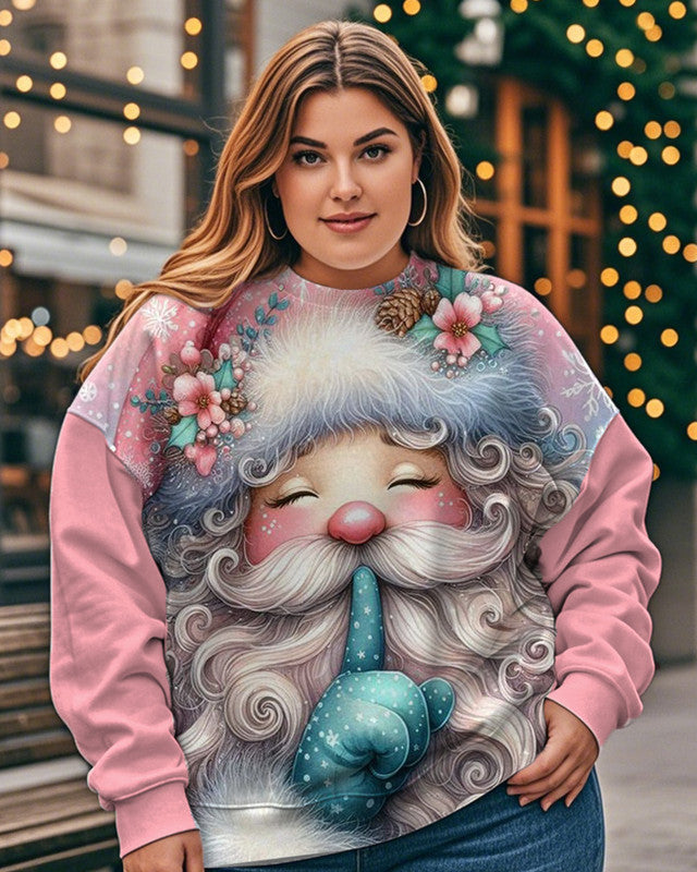 Ladies Cute Santa Print Crew-neck Plus Size Long-sleeved Top