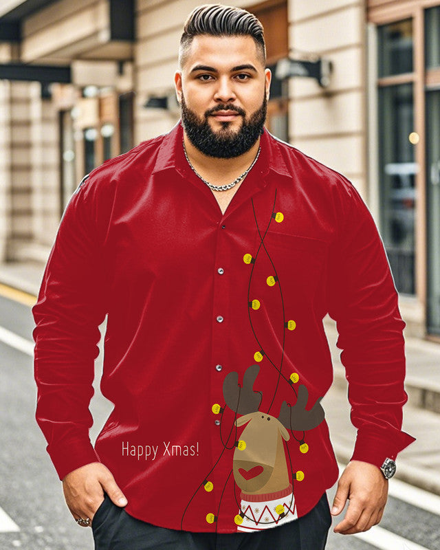 Men's Christmas Moose Print Large Size Long Sleeve Shirt