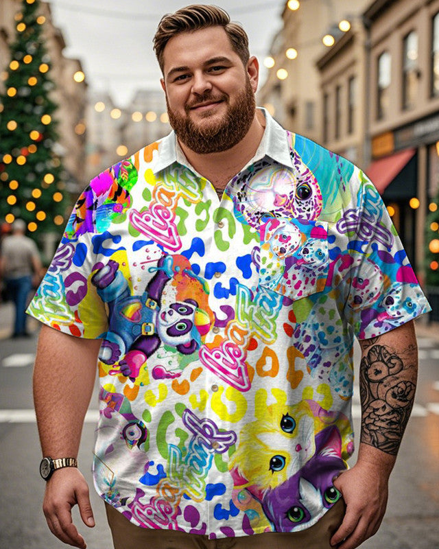 Colorful Cartoon Print Lapel Large Size Men's Short-sleeved Shirt