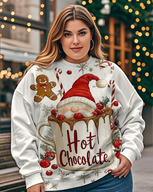 Ladies Cute Santa Casual Printed Round Neck Plus Size Long Sleeve Top