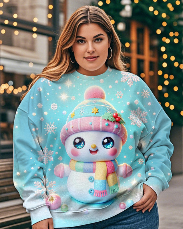 Ladies Cute Christmas Snowman Casual Printed Round Neck Plus Size Long Sleeve Top