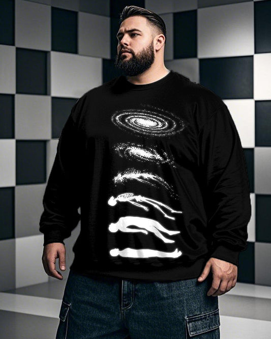 Black Hole Printed Large Size Round Neck Long Sleeve Top for Men