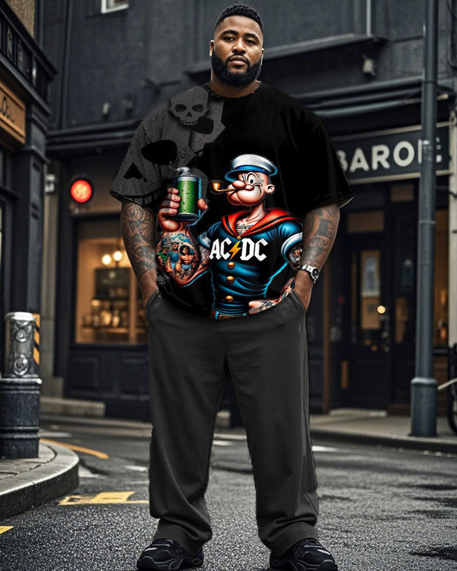 Dark Popeye Print Plus-size Men's Suit with Short Sleeves and Trousers