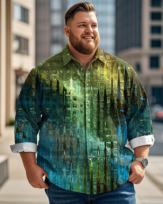 Color Geometric Glaze Printed Lapel Long-sleeved Plus-size Men's Shirt