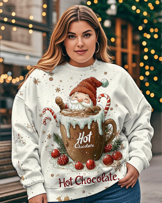 Ladies Cute Christmas Snowman Chocolate Print Round Neck Plus Size Long Sleeve Top